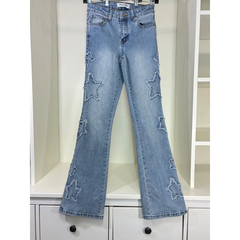 Ashley Mason Premium Women Star Patchwork Flare Jeans Light Wash Size 00/23